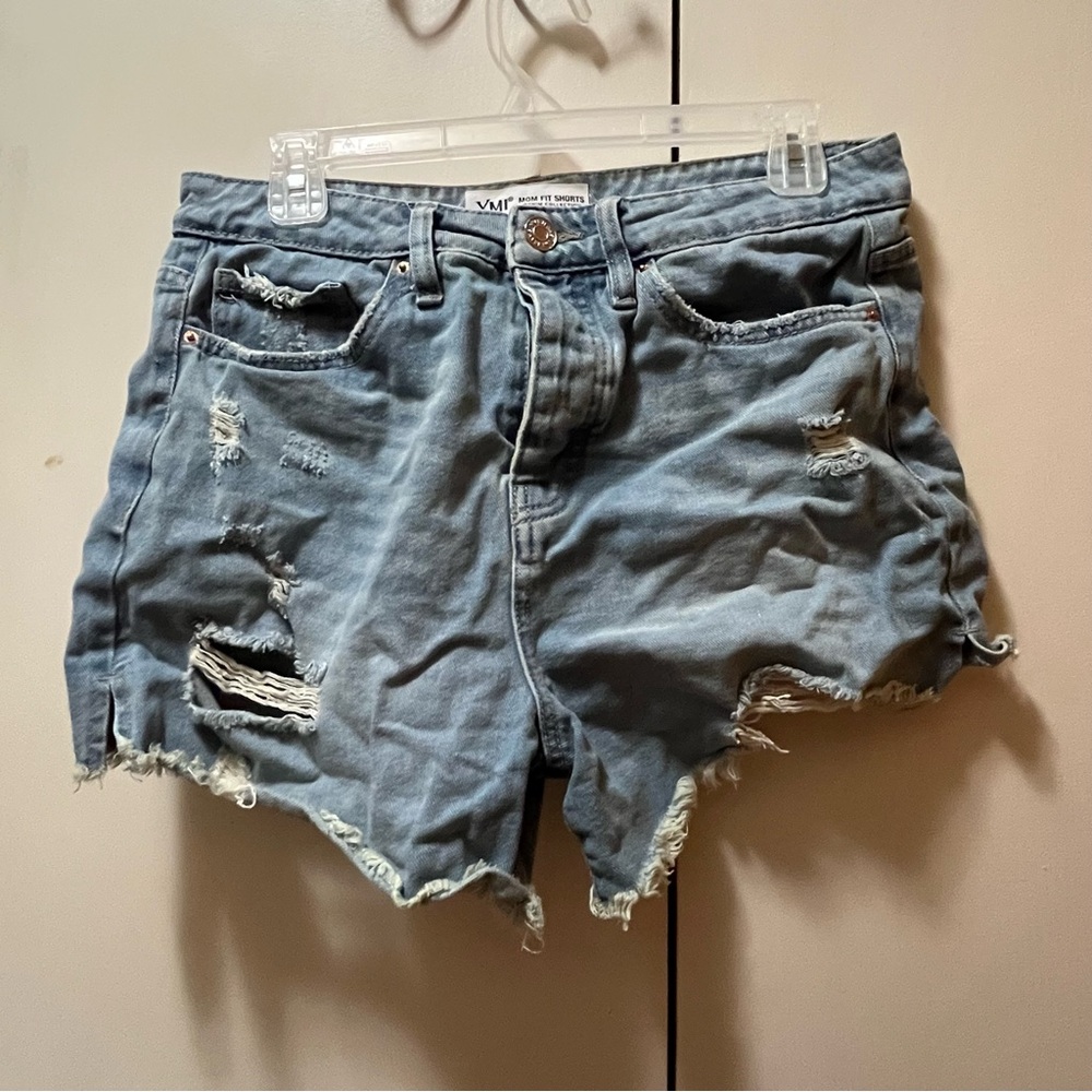 YMI Mom Fit Blue Jean Shorts with Distressed Details